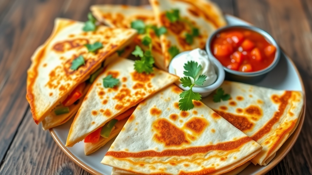 Cheesy Veggie Quesadilla Delight Plate of crispy veggie quesadillas filled with peppers and cheese, garnished with cilantro and served with salsa.